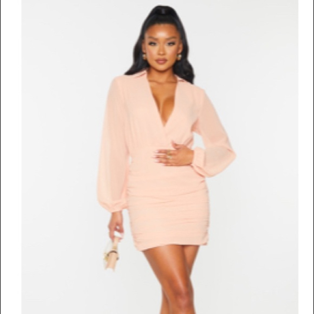 Peach Chiffon plunge ruched skirt long sleeve bodycon dress